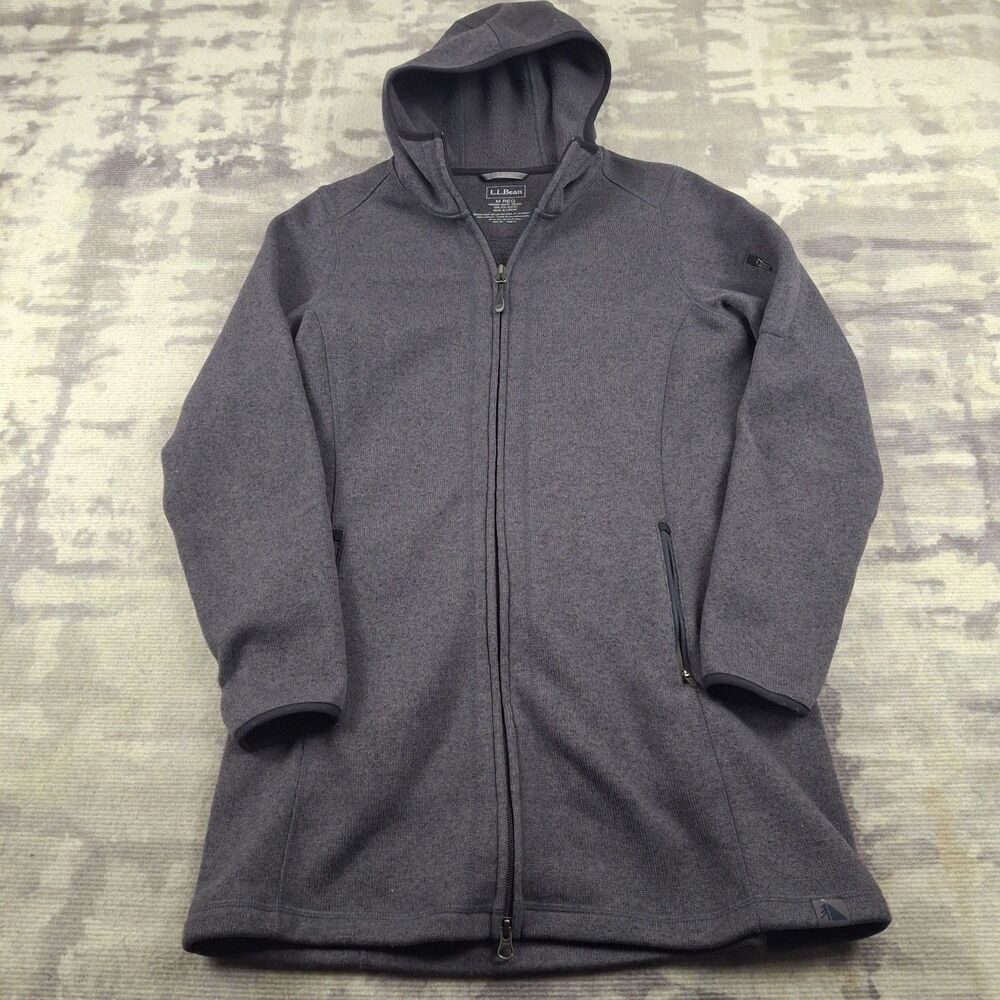 LL Bean Sweater Fleece Coat Womens M Medium Regular Gray Full Zip Hooded 290303
